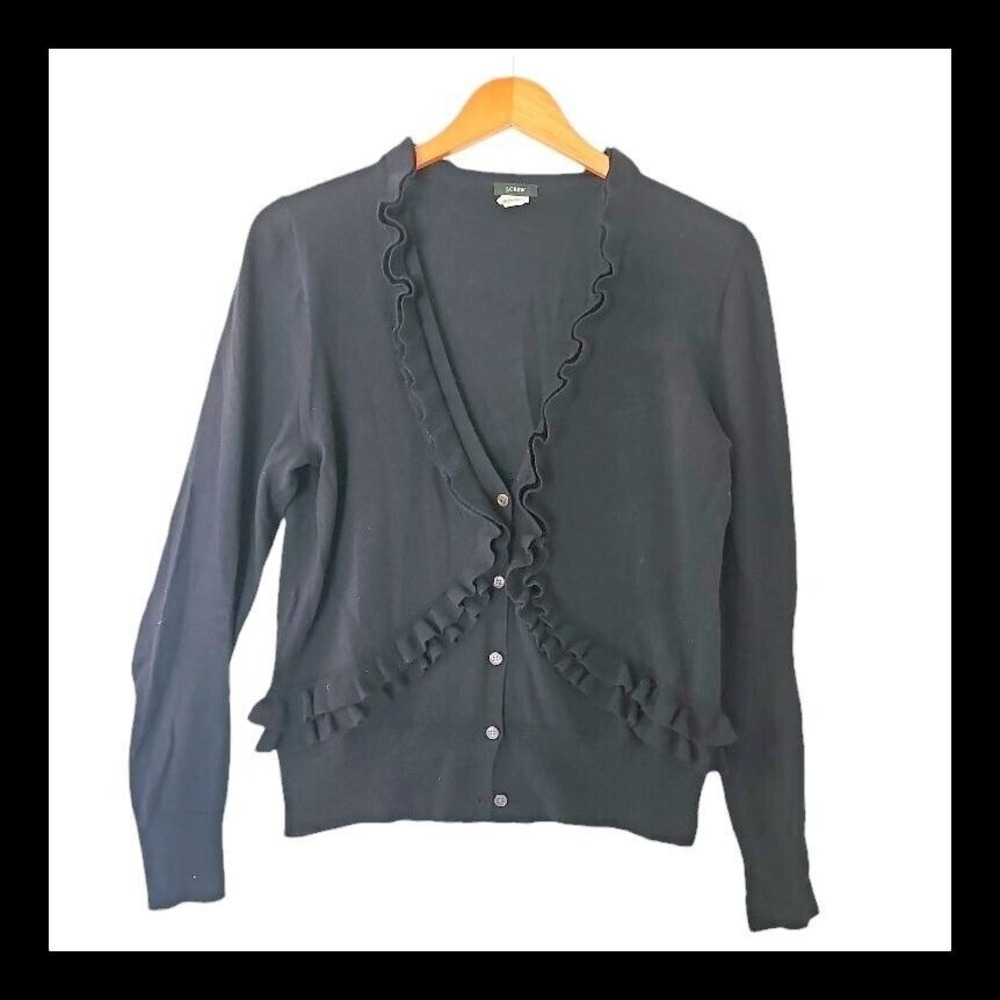 J. Crew Black Cardigan 100% Merino Wool L Large Ruffle Lightweight Soft‎